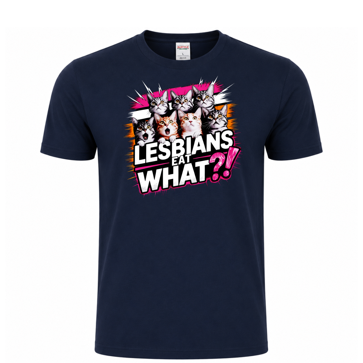 Lesbians Eat What?! funny graphic T-shirt featuring seven surprised cats with bold pink, white and black lettering - Navy
