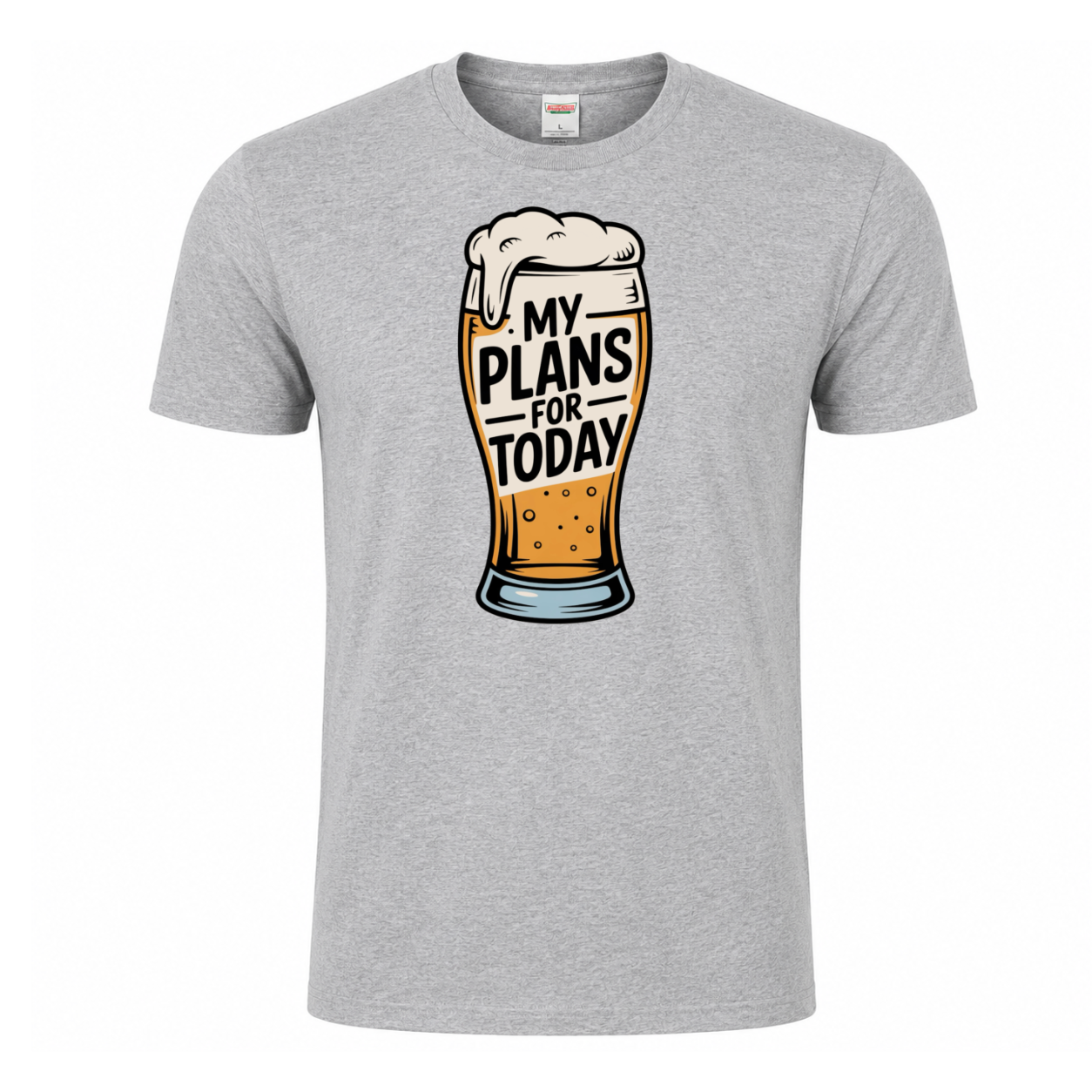 My Plans for Today funny graphic T-shirt featuring an illustrated foamy beer glass with bold black lettering reading My Plans for Today - heather grey tshirt