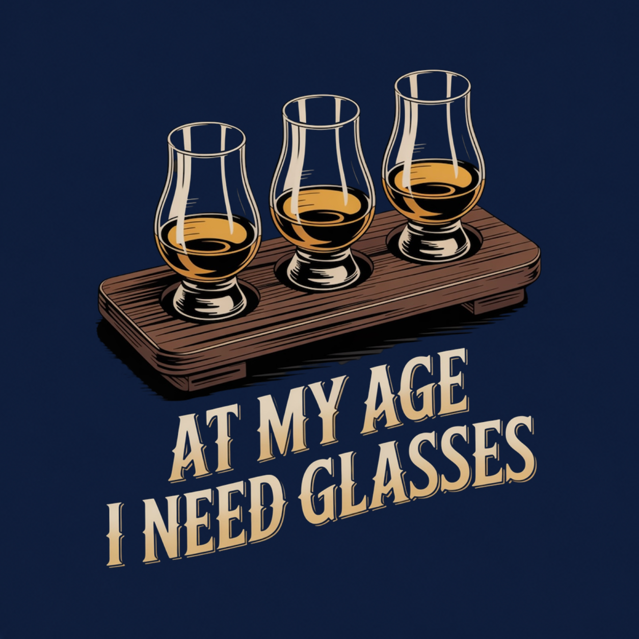 At My Age I Need Glasses funny whiskey graphic T-shirt - Navy