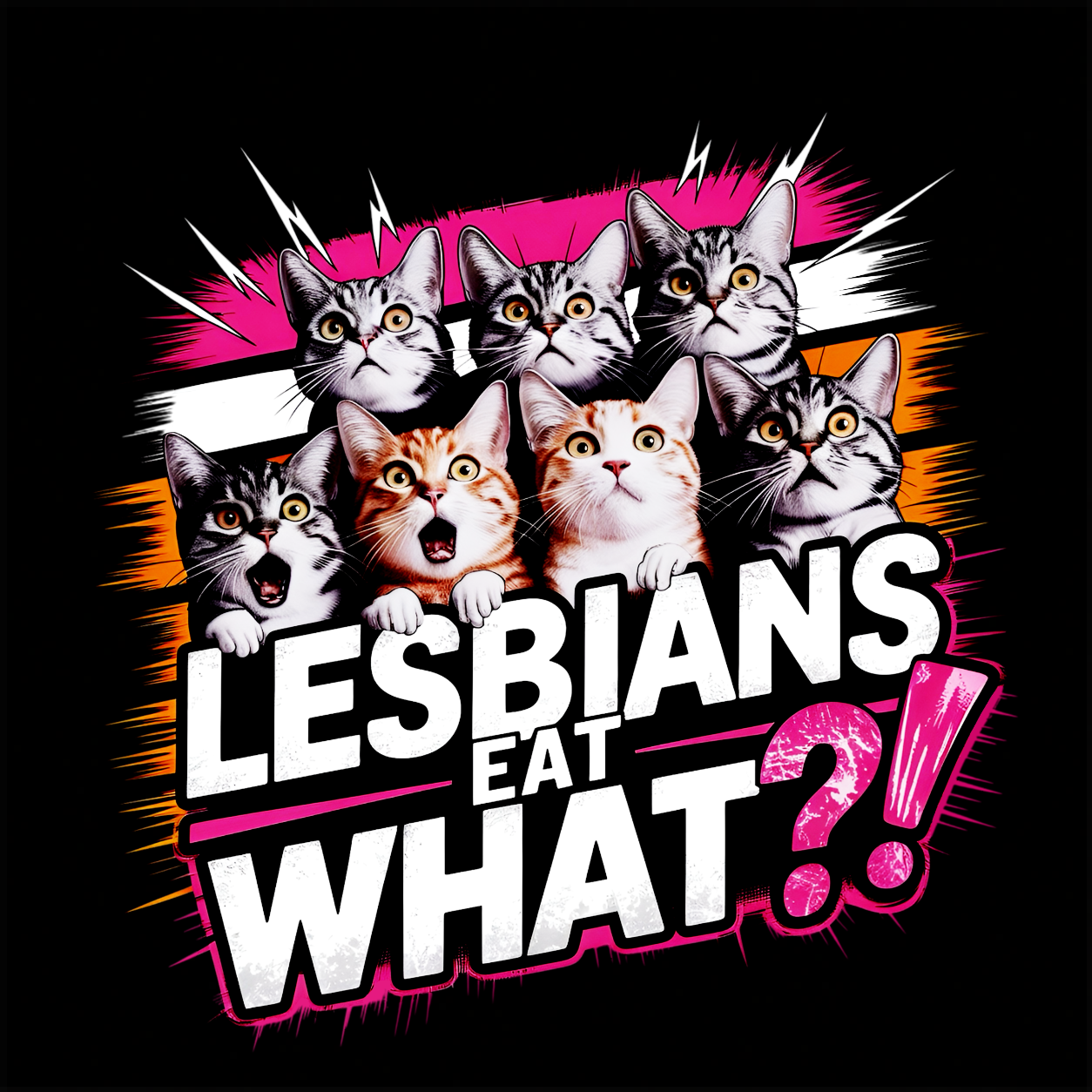 Lesbians Eat What?! funny graphic T-shirt featuring seven surprised cats with bold pink, white and black lettering - Black