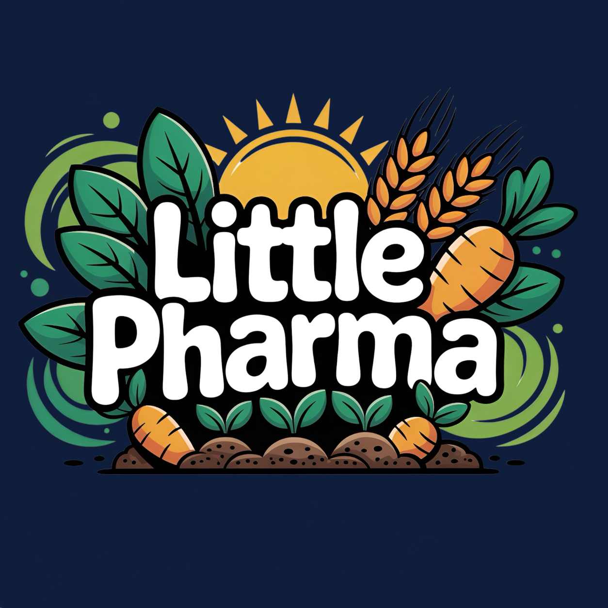 Little Pharma funny graphic T-shirt featuring bold white lettering surrounded by carrots, wheat, green leaves, soil and a rising sun - navy