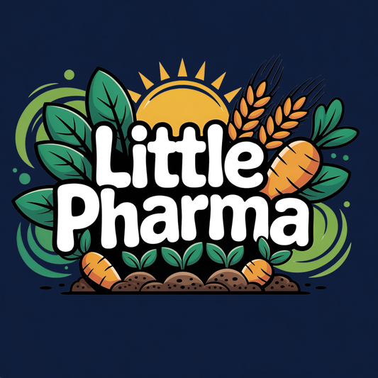 Little Pharma funny graphic T-shirt featuring bold white lettering surrounded by carrots, wheat, green leaves, soil and a rising sun - navy