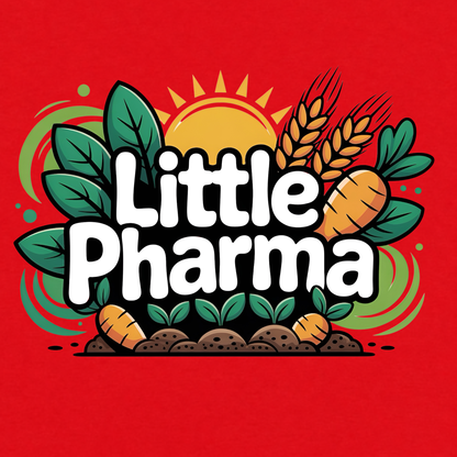 Little Pharma funny graphic T-shirt featuring bold white lettering surrounded by carrots, wheat, green leaves, soil and a rising sun - red