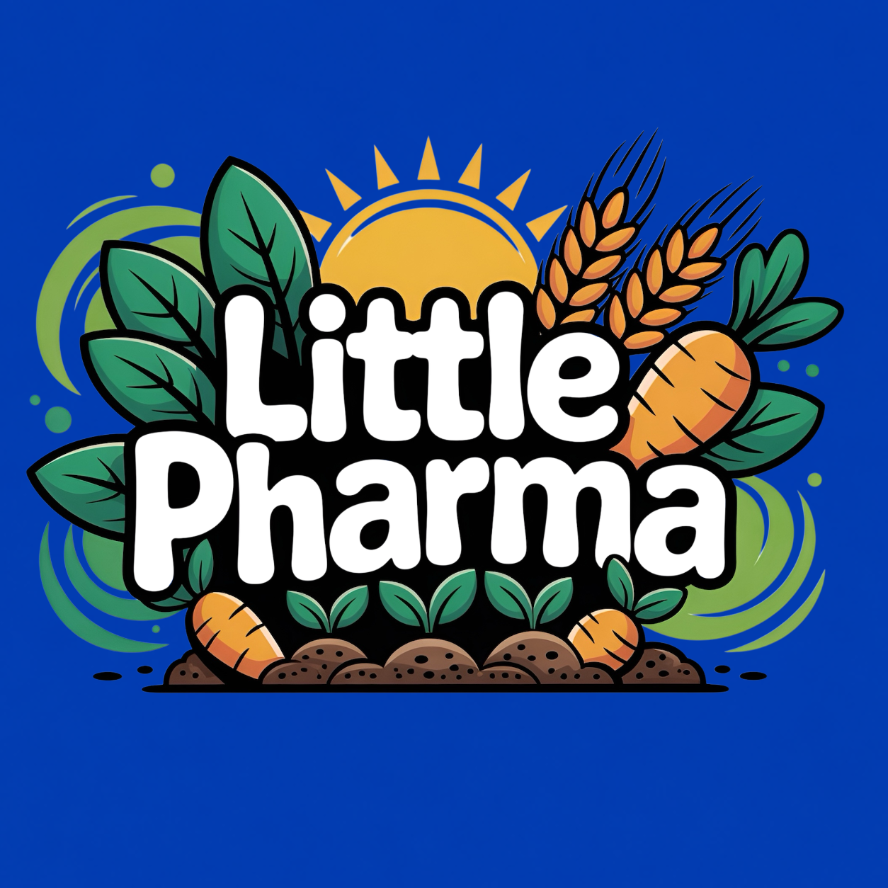 Little Pharma funny graphic T-shirt featuring bold white lettering surrounded by carrots, wheat, green leaves, soil and a rising sun - royal blue