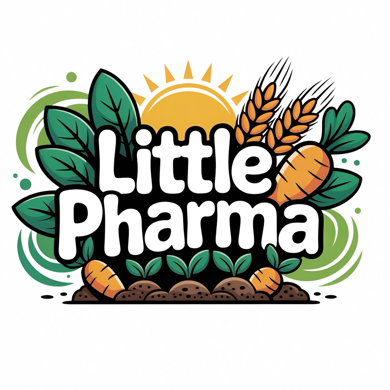 Little Pharma funny graphic T-shirt featuring bold white lettering surrounded by carrots, wheat, green leaves, soil and a rising sun - white