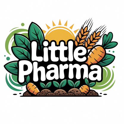 Little Pharma funny graphic T-shirt featuring bold white lettering surrounded by carrots, wheat, green leaves, soil and a rising sun - white