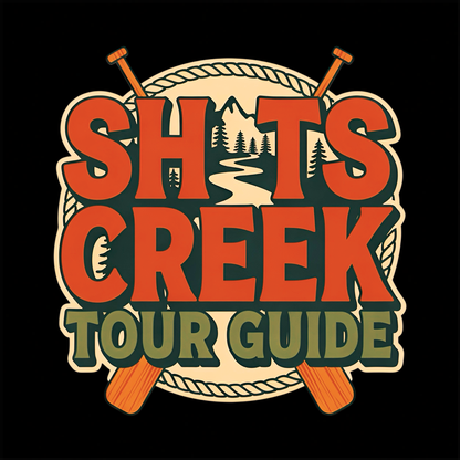 Shits Creek Tour Guide graphic T-shirt featuring bold retro lettering with crossed paddles, rope, mountains, pine trees and a winding creek - black