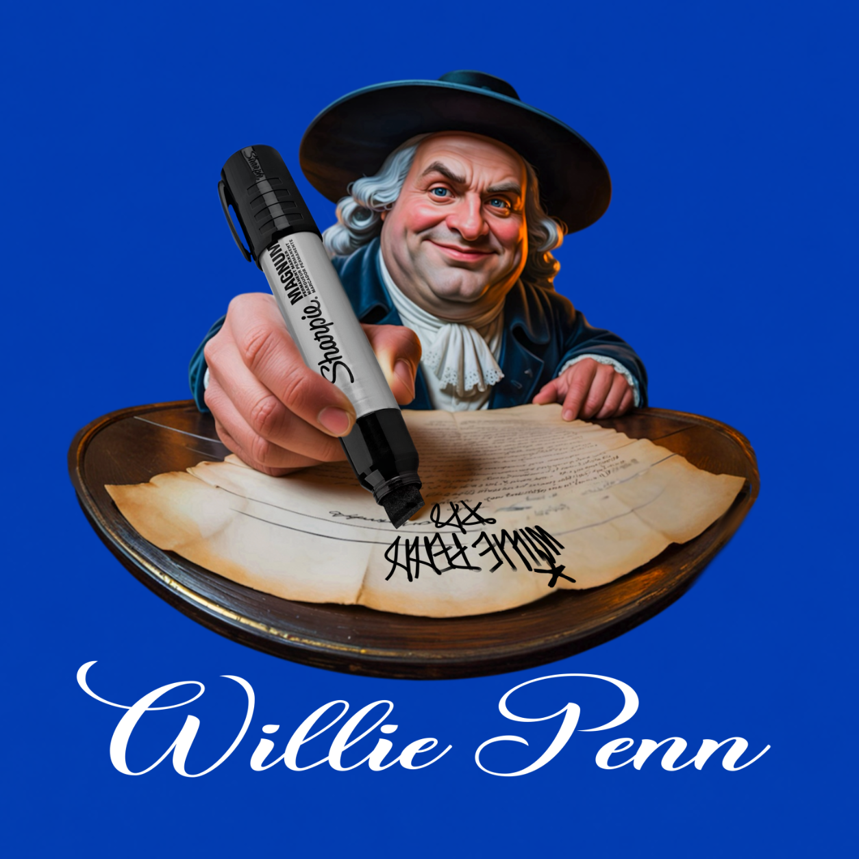 Willie Penn funny Philadelphia graphic T-shirt featuring a colonial-inspired character using an oversized marker to tag his signature across a historic document - Royal Blue 
