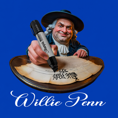 Willie Penn funny Philadelphia graphic T-shirt featuring a colonial-inspired character using an oversized marker to tag his signature across a historic document - Royal Blue 