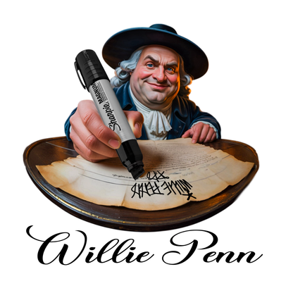 Willie Penn funny Philadelphia graphic T-shirt featuring a colonial-inspired character using an oversized marker to tag his signature across a historic document - White