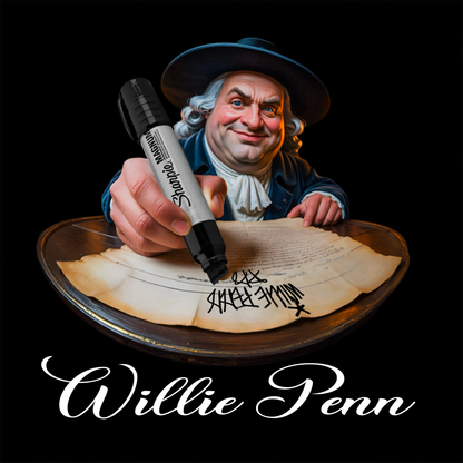 Willie Penn funny Philadelphia graphic T-shirt featuring a colonial-inspired character using an oversized marker to tag his signature across a historic document - Black