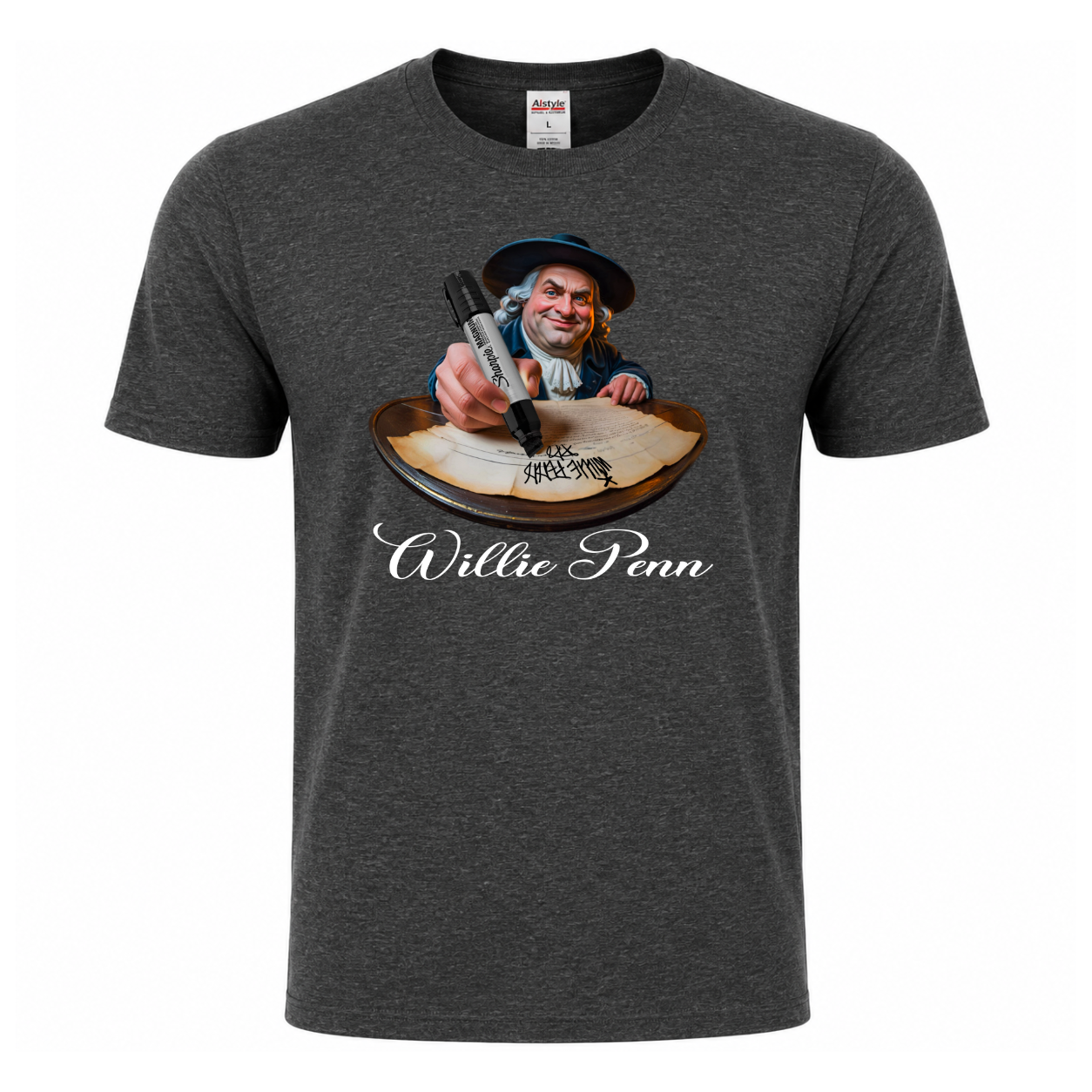 Willie Penn funny Philadelphia graphic T-shirt featuring a colonial-inspired character using an oversized marker to tag his signature across a historic document - Charcoal tshirt