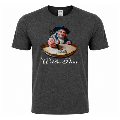 Willie Penn funny Philadelphia graphic T-shirt featuring a colonial-inspired character using an oversized marker to tag his signature across a historic document - Charcoal tshirt