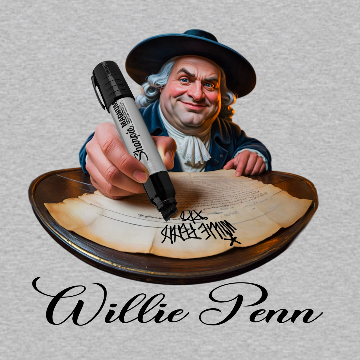 Willie Penn funny Philadelphia graphic T-shirt featuring a colonial-inspired character using an oversized marker to tag his signature across a historic document - Heather Grey