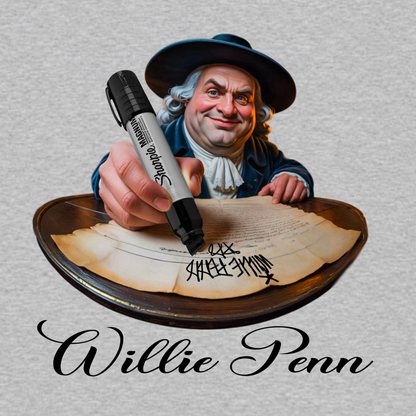 Willie Penn funny Philadelphia graphic T-shirt featuring a colonial-inspired character using an oversized marker to tag his signature across a historic document - Heather Grey