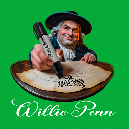 Willie Penn funny Philadelphia graphic T-shirt featuring a colonial-inspired character using an oversized marker to tag his signature across a historic document - Kelly Green