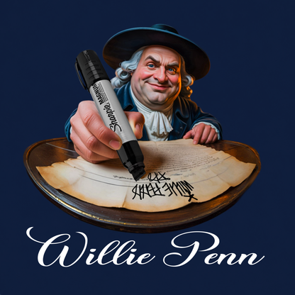 Willie Penn funny Philadelphia graphic T-shirt featuring a colonial-inspired character using an oversized marker to tag his signature across a historic document - Navy