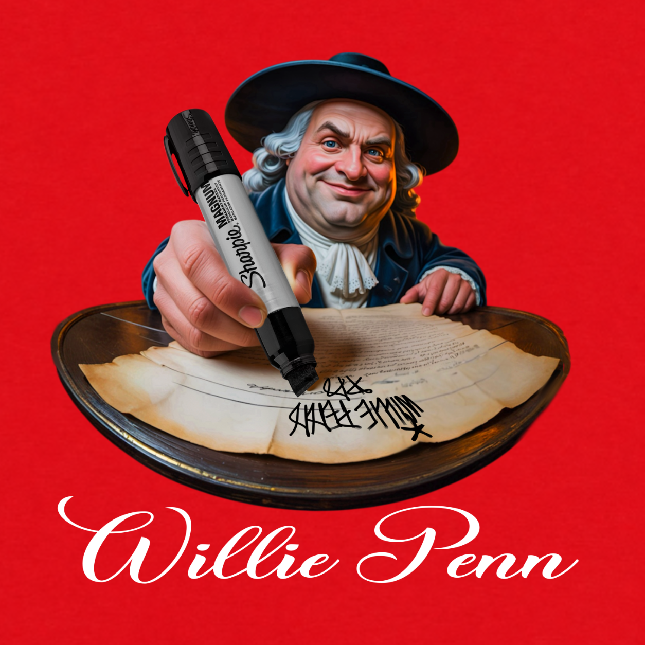Willie Penn funny Philadelphia graphic T-shirt featuring a colonial-inspired character using an oversized marker to tag his signature across a historic document - red