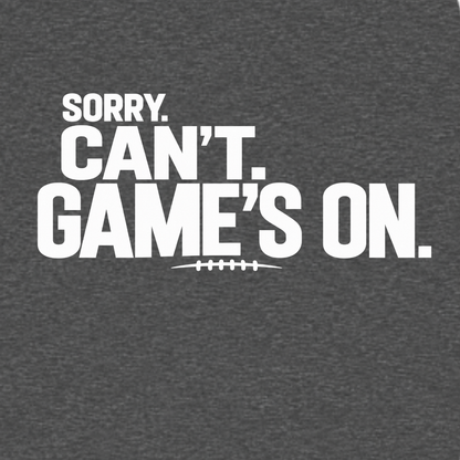 Sorry Can’t Game’s On football T-shirt featuring oversized distressed white lettering and football lace detail – Charcoal