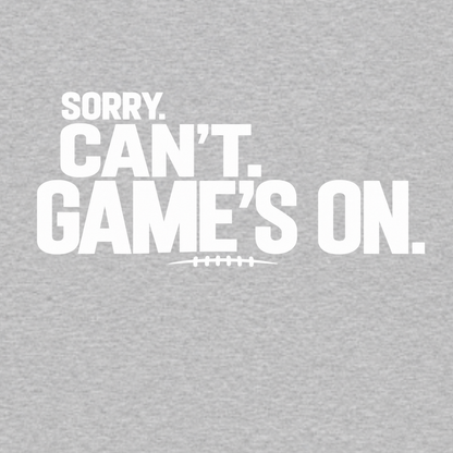 Sorry Can’t Game’s On football T-shirt featuring oversized distressed white lettering and football lace detail – Heather Grey