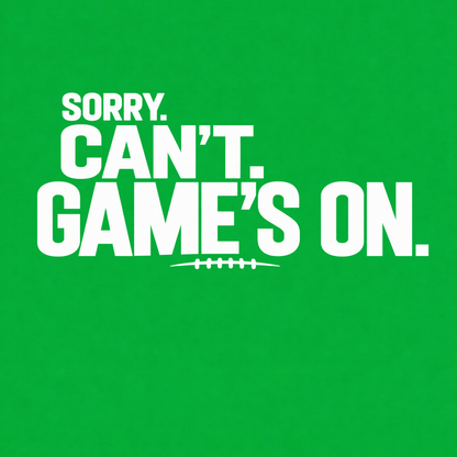 Sorry Can’t Game’s On football T-shirt featuring oversized distressed white lettering and football lace detail – Kelly Green