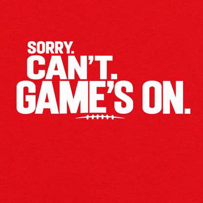 Sorry Can’t Game’s On football T-shirt featuring oversized distressed white lettering and football lace detail – Red