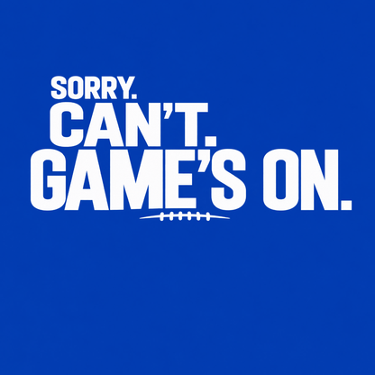 Sorry Can’t Game’s On football T-shirt featuring oversized distressed white lettering and football lace detail – Royal