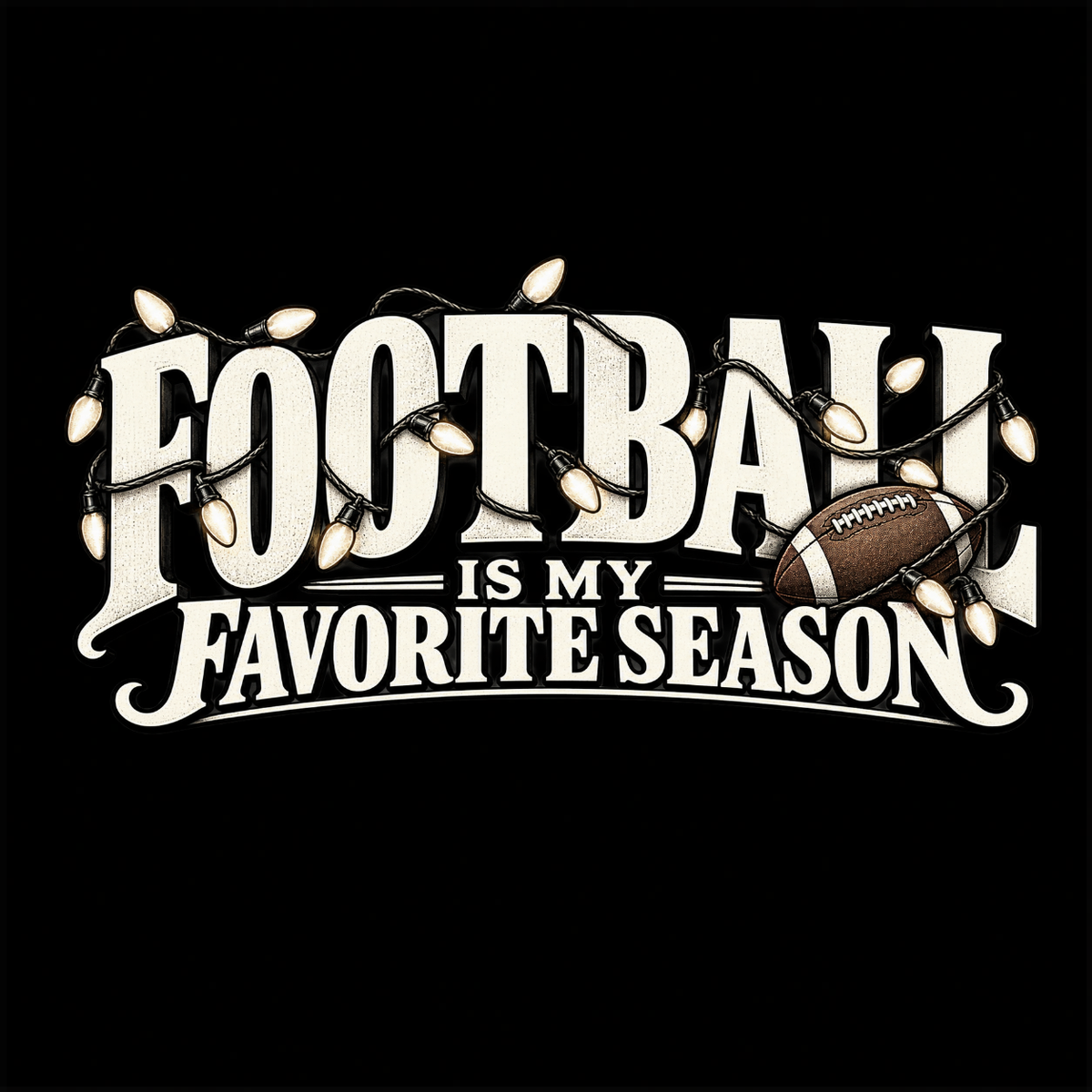 Football Is My Favorite Season graphic T-shirt featuring oversized vintage-style lettering, football and decorative string lights - Black