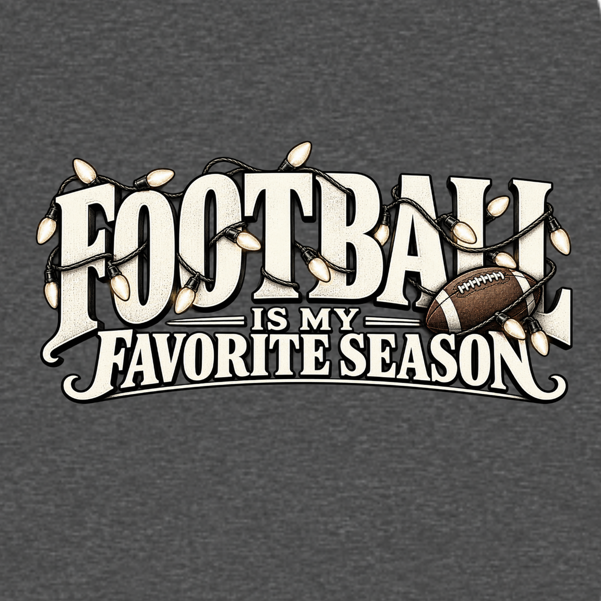 Football Is My Favorite Season graphic T-shirt featuring oversized vintage-style lettering, football and decorative string lights - Charcoal