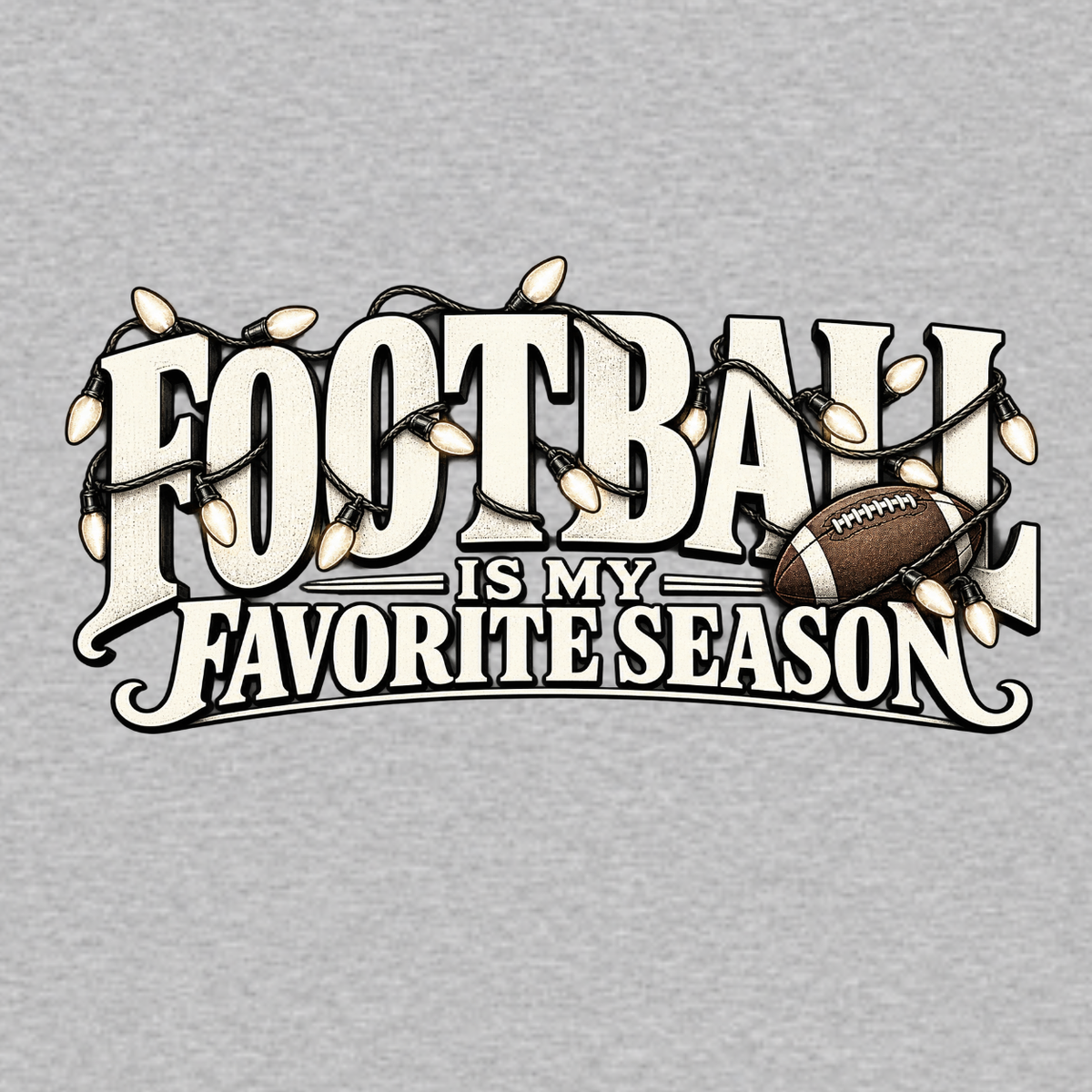 Football Is My Favorite Season graphic T-shirt featuring oversized vintage-style lettering, football and decorative string lights - Heather Grey