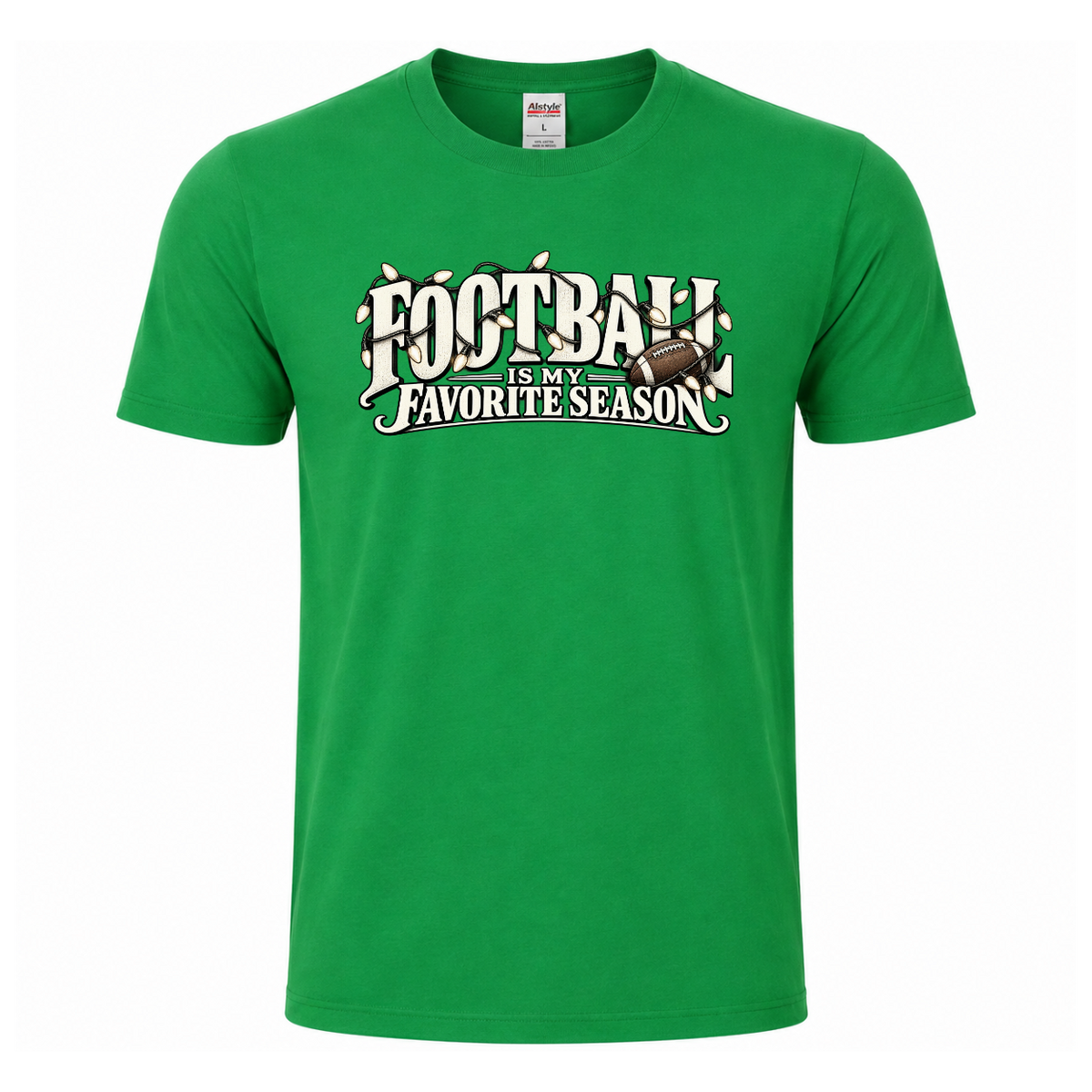 Football Is My Favorite Season graphic T-shirt featuring oversized vintage-style lettering, football and decorative string lights - Kelly Green Tee
