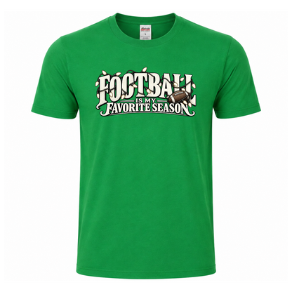 Football Is My Favorite Season graphic T-shirt featuring oversized vintage-style lettering, football and decorative string lights - Kelly Green Tee