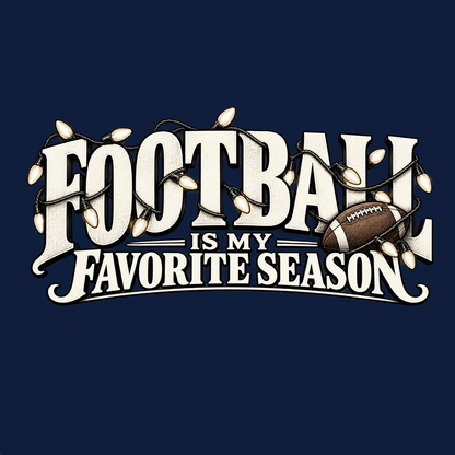 Football Is My Favorite Season graphic T-shirt featuring oversized vintage-style lettering, football and decorative string lights - Navy