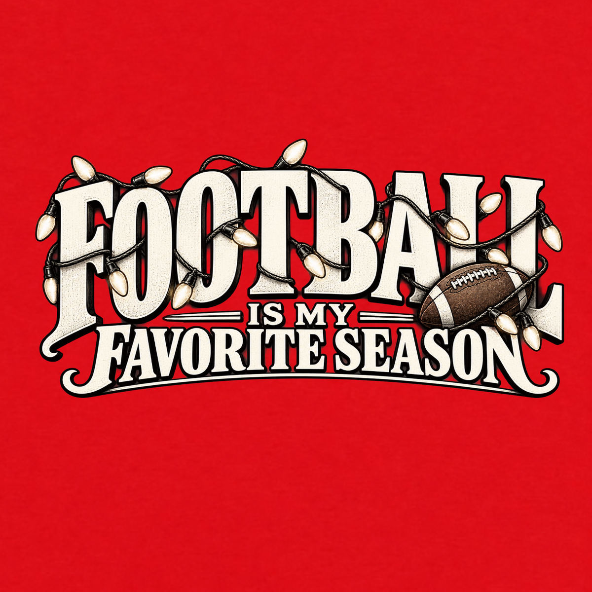 Football Is My Favorite Season graphic T-shirt featuring oversized vintage-style lettering, football and decorative string lights - Red