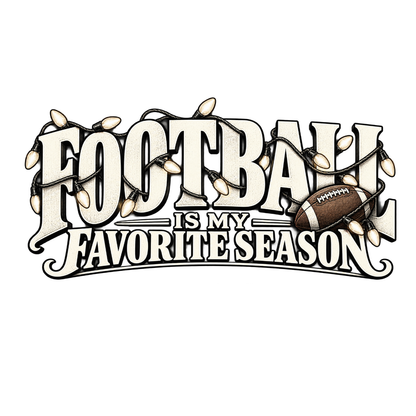 Football Is My Favorite Season graphic T-shirt featuring oversized vintage-style lettering, football and decorative string lights - White