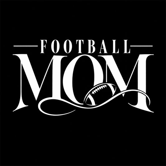 Football Mom graphic T-shirt featuring elegant Football Mom lettering with integrated football detail and decorative flourishes - Black