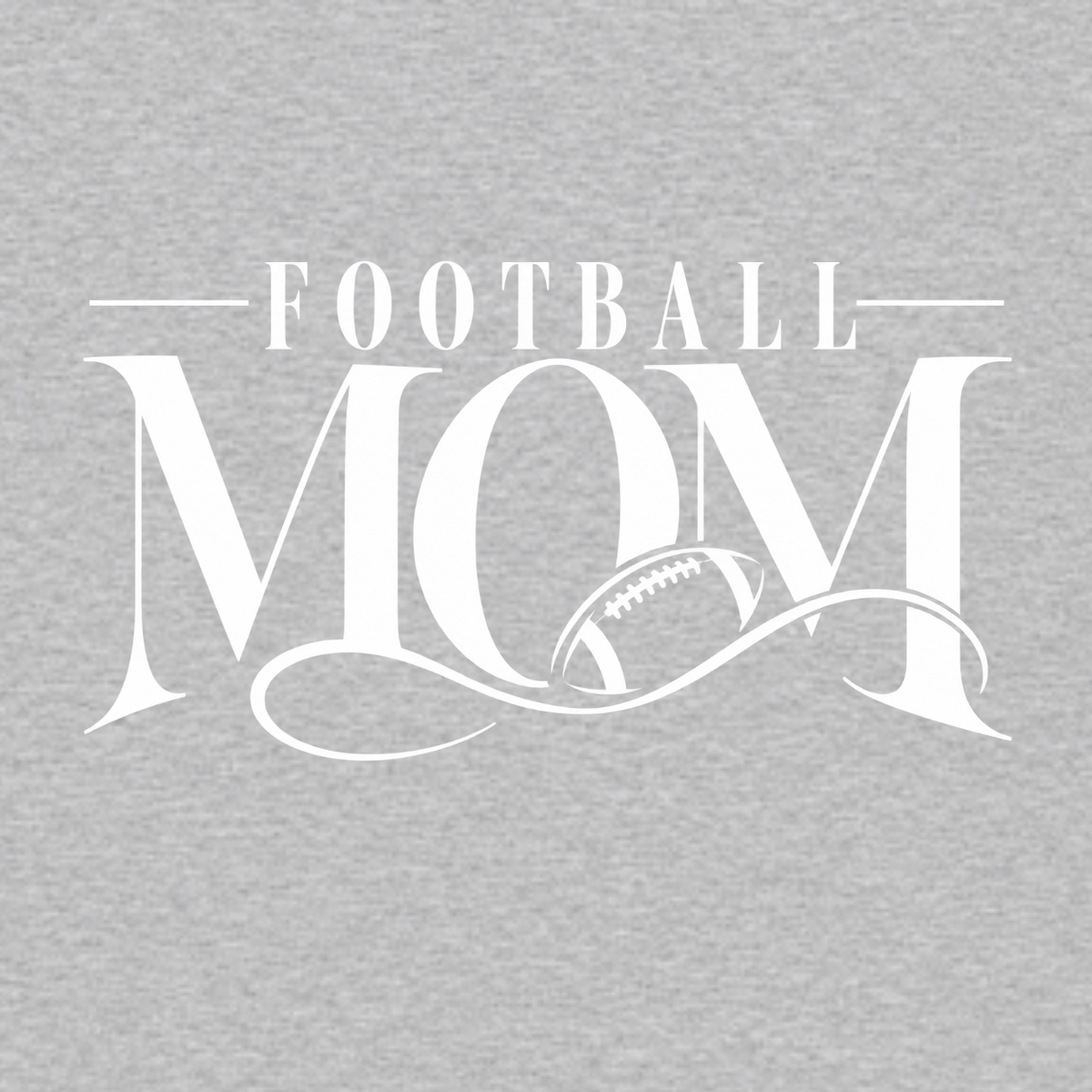 Football Mom graphic T-shirt featuring elegant Football Mom lettering with integrated football detail and decorative flourishes - Heather Grey