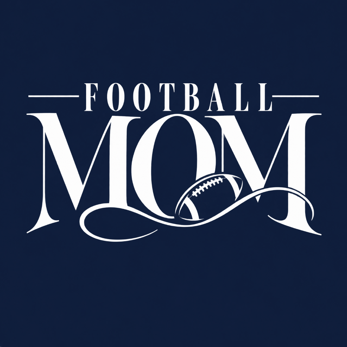 Football Mom graphic T-shirt featuring elegant Football Mom lettering with integrated football detail and decorative flourishes - Navy