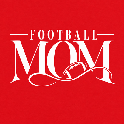 Football Mom graphic T-shirt featuring elegant Football Mom lettering with integrated football detail and decorative flourishes - Red