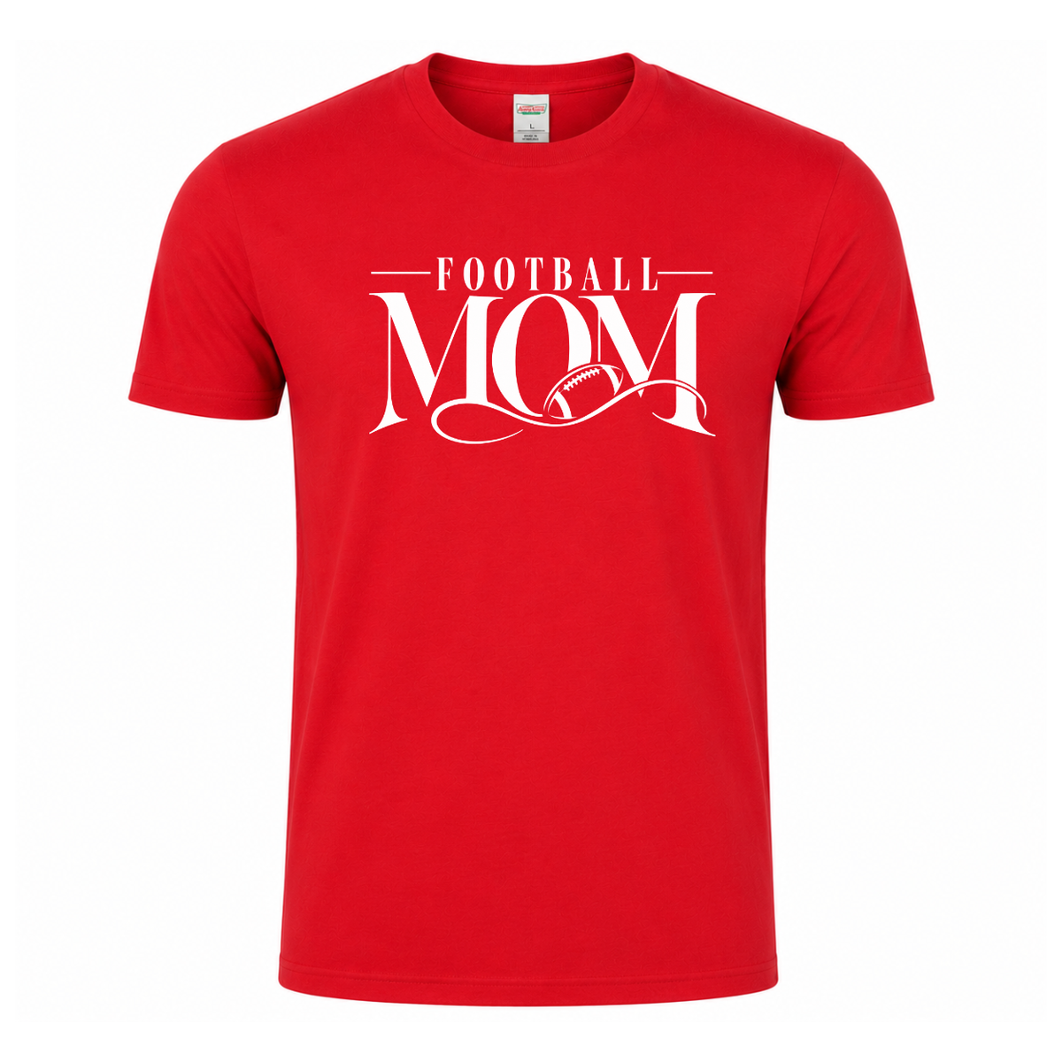 Football Mom graphic T-shirt featuring elegant Football Mom lettering with integrated football detail and decorative flourishes - Red Tee