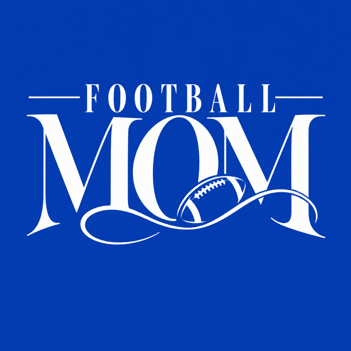Football Mom graphic T-shirt featuring elegant Football Mom lettering with integrated football detail and decorative flourishes - Royal Blue