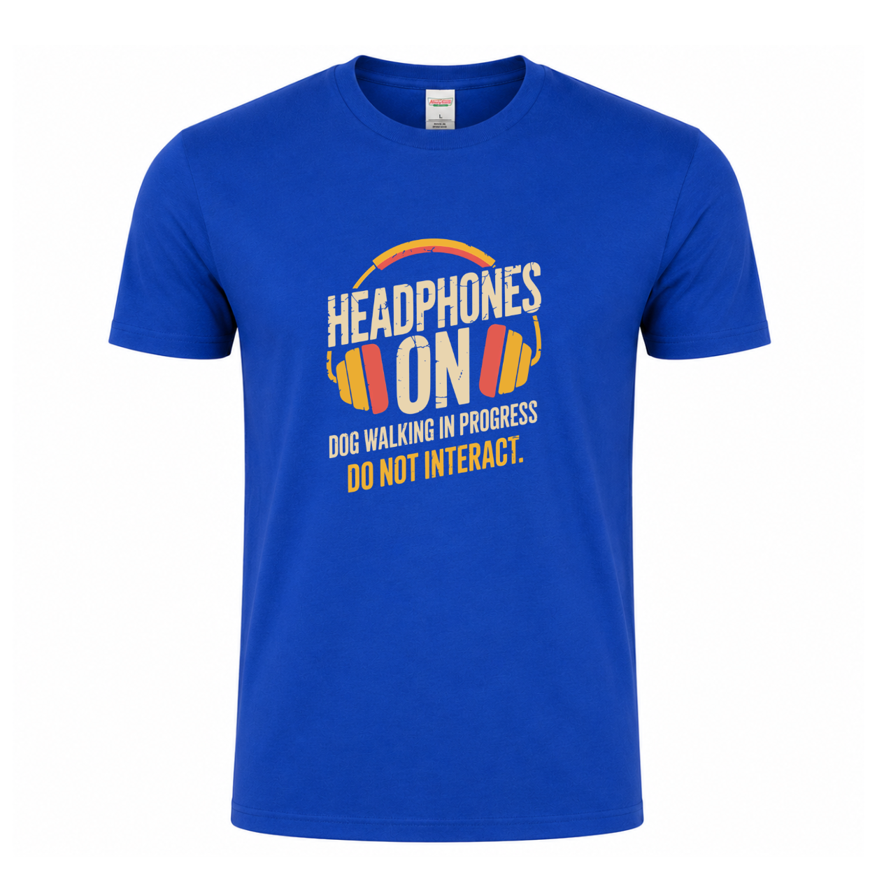 Headphones On funny dog walking graphic T-shirt featuring distressed retro headphones with the words Dog Walking in Progress and Do Not Interact - Royal blue tshirt