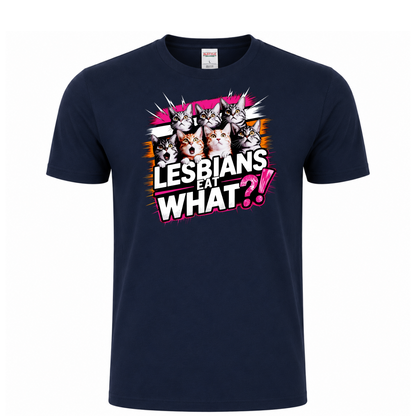 Lesbians Eat What?! funny graphic T-shirt featuring seven surprised cats with bold pink, white and black lettering - Navy
