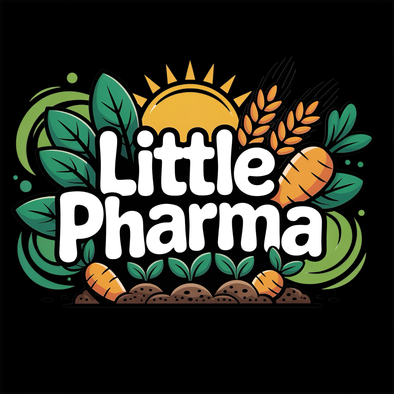Little Pharma funny graphic T-shirt featuring bold white lettering surrounded by carrots, wheat, green leaves, soil and a rising sun - black