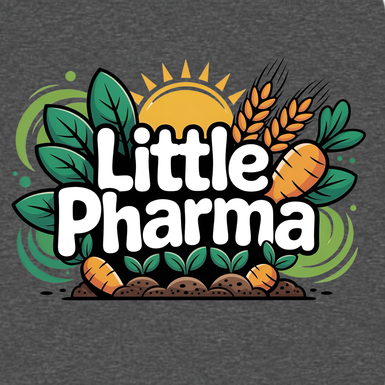 Little Pharma funny graphic T-shirt featuring bold white lettering surrounded by carrots, wheat, green leaves, soil and a rising sun - charcoal