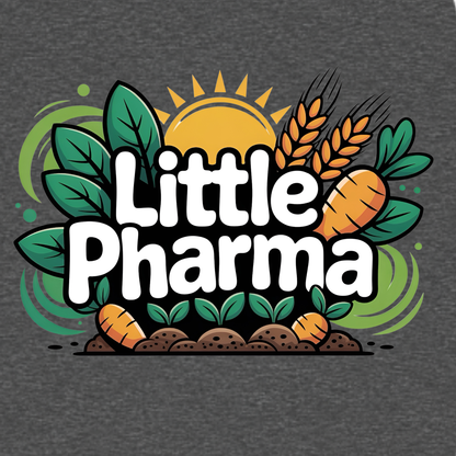 Little Pharma funny graphic T-shirt featuring bold white lettering surrounded by carrots, wheat, green leaves, soil and a rising sun - charcoal