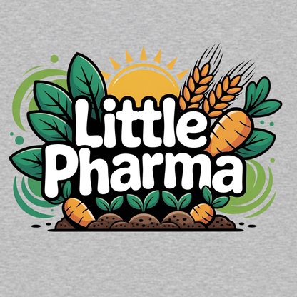 Little Pharma funny graphic T-shirt featuring bold white lettering surrounded by carrots, wheat, green leaves, soil and a rising sun - heather grey
