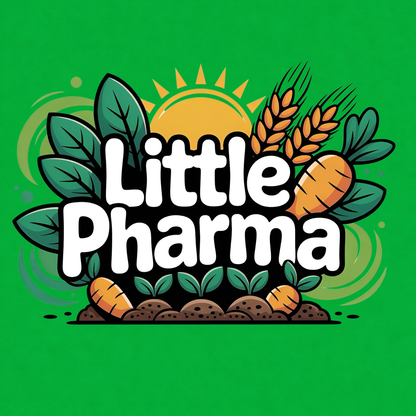 Little Pharma funny graphic T-shirt featuring bold white lettering surrounded by carrots, wheat, green leaves, soil and a rising sun - kelly green