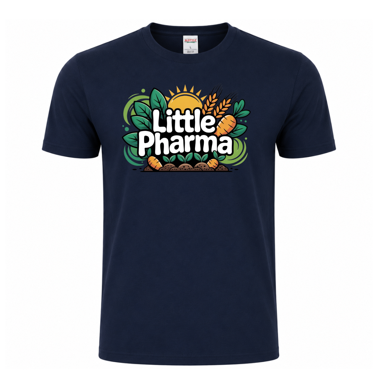 Little Pharma funny graphic T-shirt featuring bold white lettering surrounded by carrots, wheat, green leaves, soil and a rising sun - navy tshirt