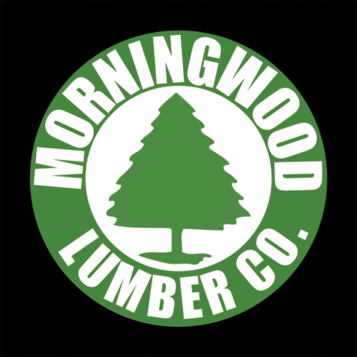 Morningwood Lumber Co. funny graphic T-shirt featuring a green circular lumber company emblem with a tree silhouette and bold white lettering - Black